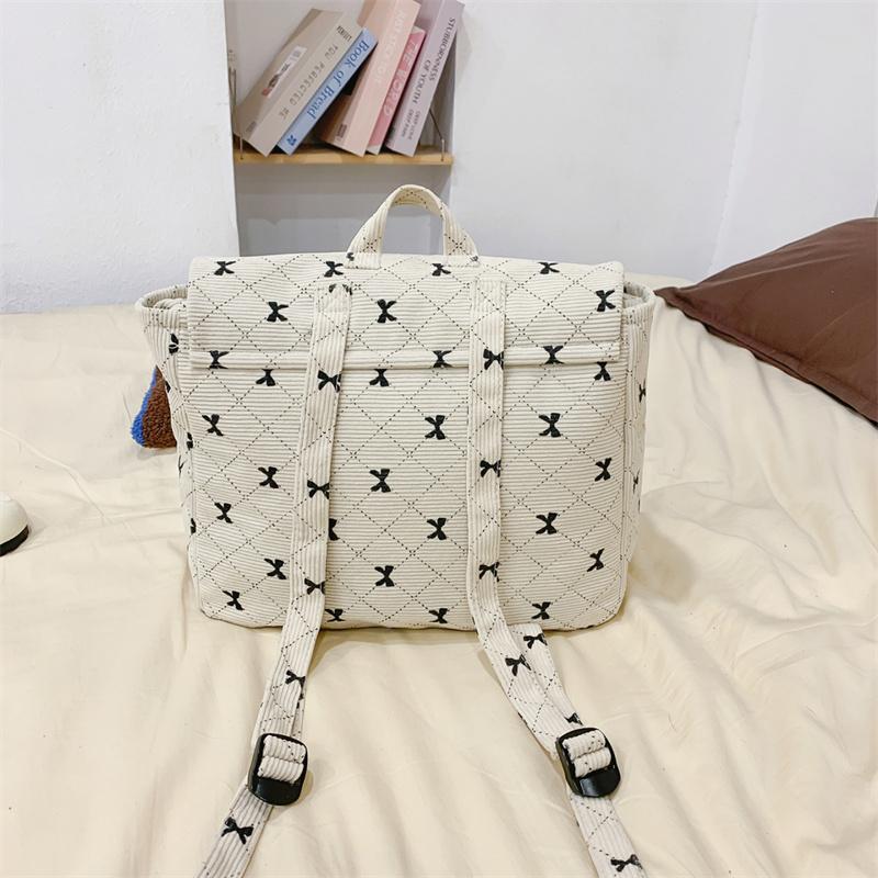 Vintage Corduroy Backpack Women's Bow Print Large Capacity Backpack