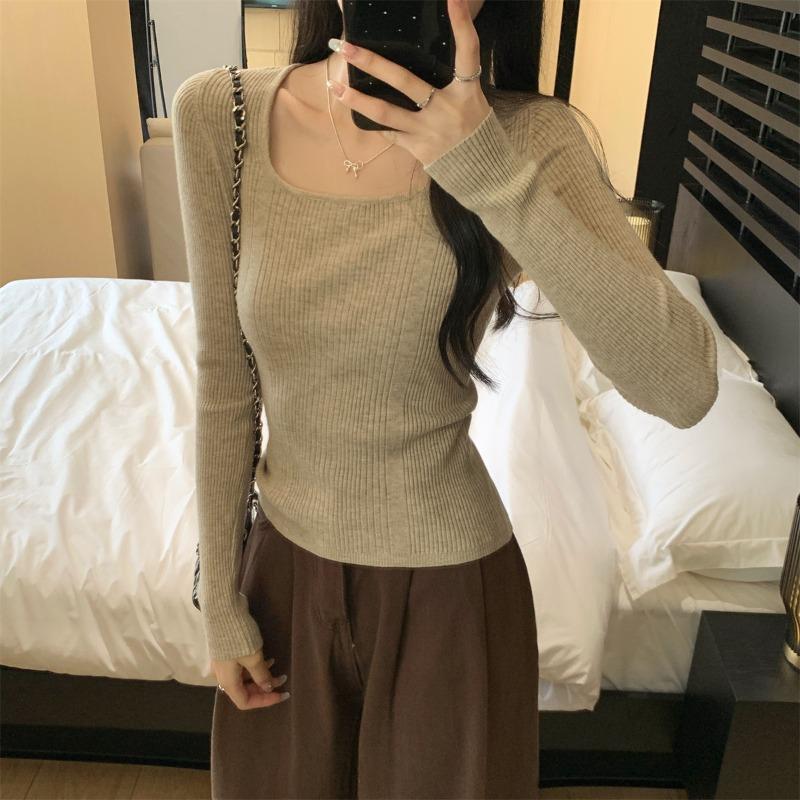 

Square collar temperament slim-fitting inner long-sleeved knitted bottoming shirt autumn and winter pit strip top sweater women L