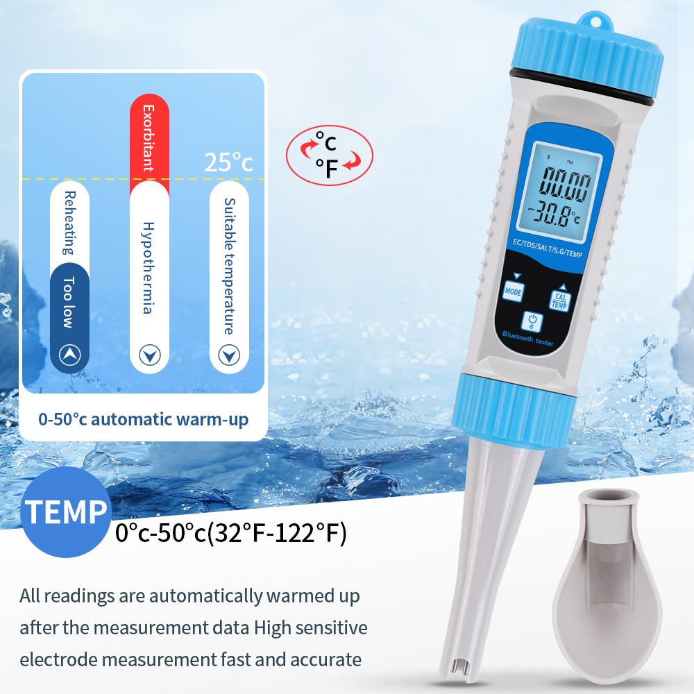 5 In 1 Bluetooth Water Quality Tester TDS/S.G/Salinity/Temp/EC Meter for Hydroponics Aquariums Pools Water Quality Detector