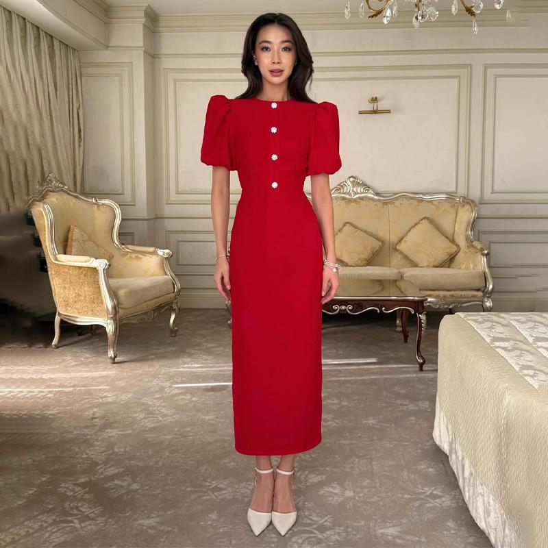 European & American Women's Fashion: Solid Color Round Neck Short Sleeve Buttoned Bodycon Dress (Style 2026)