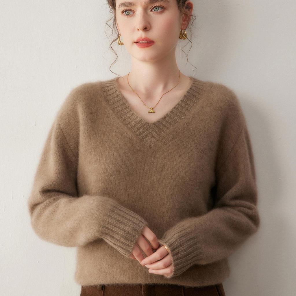 Women's Heavyweight Cashmere V-Neck Sweater - Autumn/Winter Loose Fit Pullover