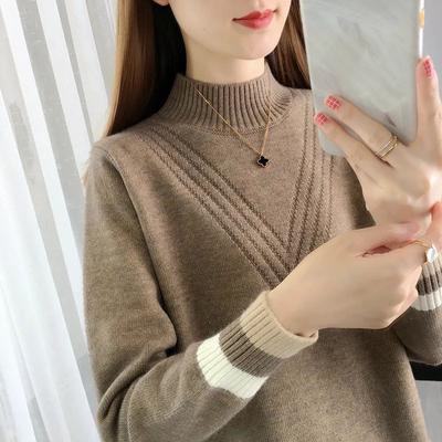 Pullover Damen Herbst und Winter Halboher Kragen Warm Dünn Elastisch Locker Strickshirt Lässig Vielseitig Pullover Tops
