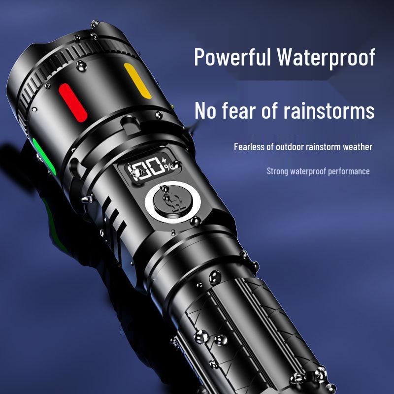 Portable Long-Range LED Laser Flashlight with Digital Display and Emergency Charging for Outdoor Patrol and Flood Control
