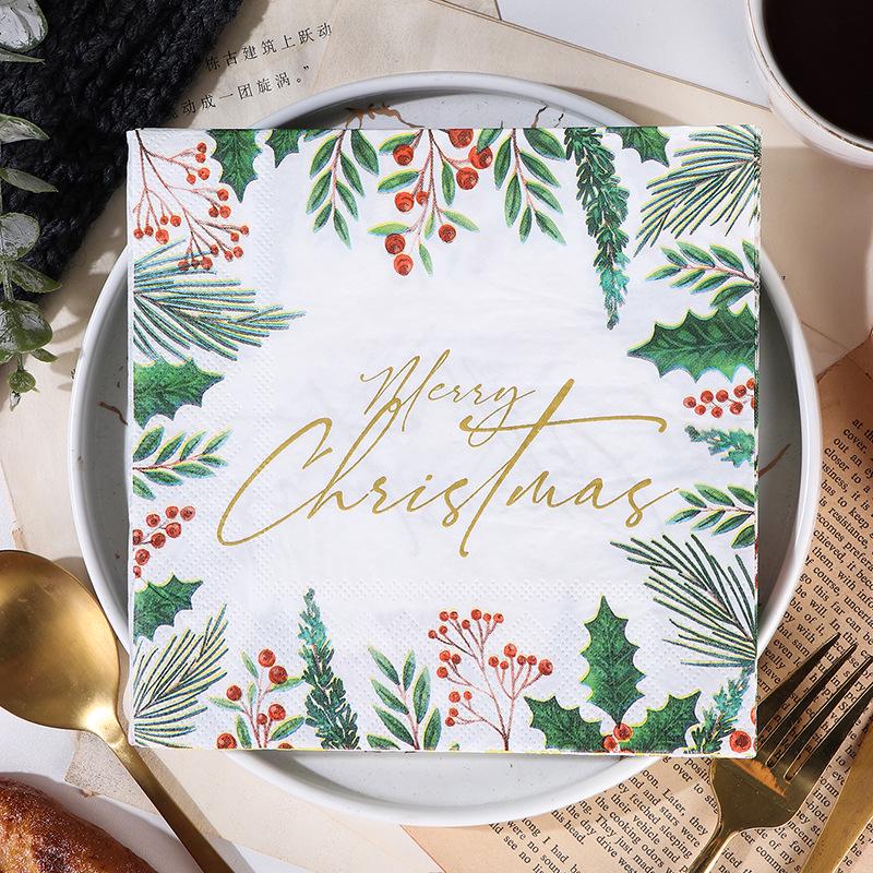 Merry Christmas Green Leaf Paper Napkins - Soy Ink, Virgin Wood Pulp, Food Grade, English Square Design