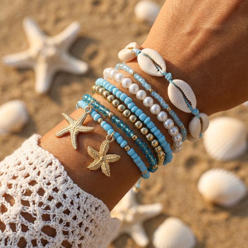 1 Set Summer Ocean Blue Beads Strand Hand Chain Bohemia Starfish Shell Beaded Bracelets For Women Jewelry Beach Vacation Gift