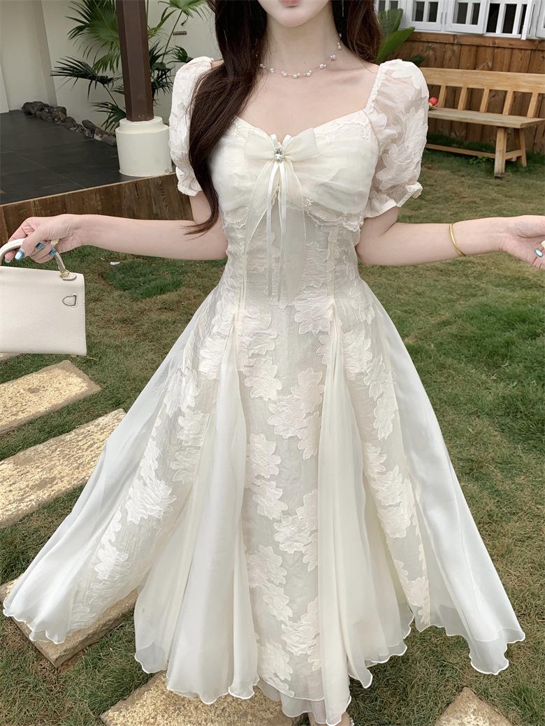 French Pure Desire High-End Waist-Cinched Puffy Dress for Women, Slimming Mesh Resort Style Long Skirt XXL