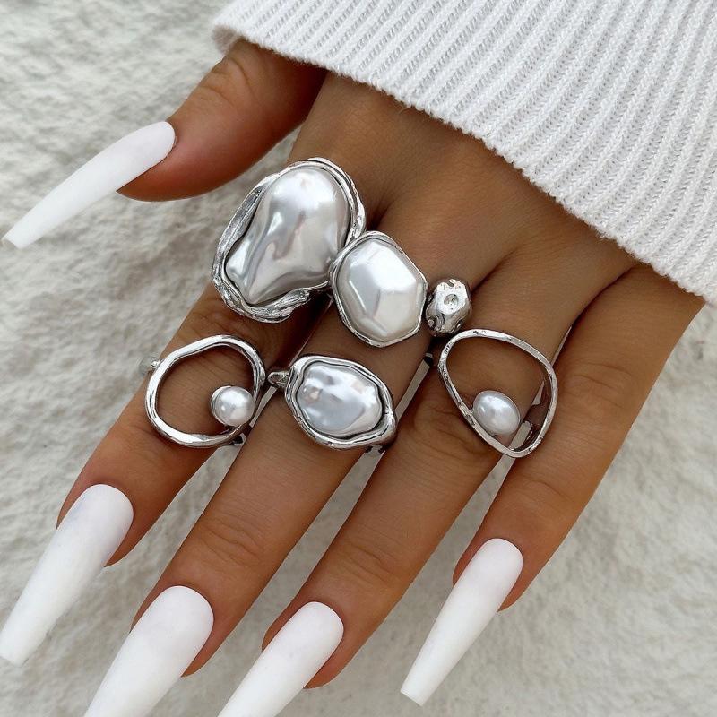 High-End Retro Faux Pearl Adjustable Ring серебряный