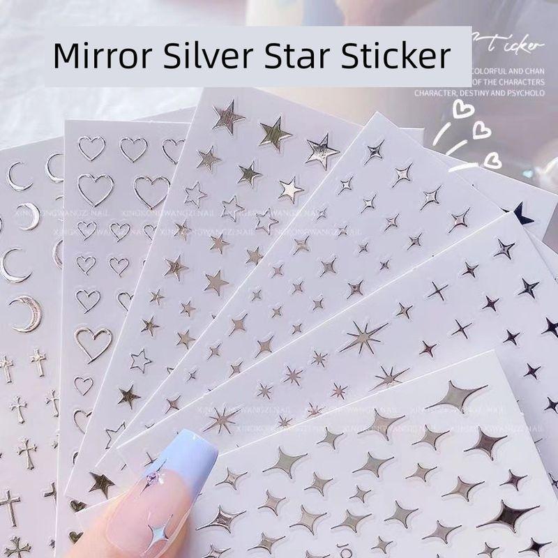 

[Flat Liquid Silver] Metal Silver Love Star Awn Cut Out Material Classic Crescent Nail Sticker Glossy Combination of 6 liquid silver series