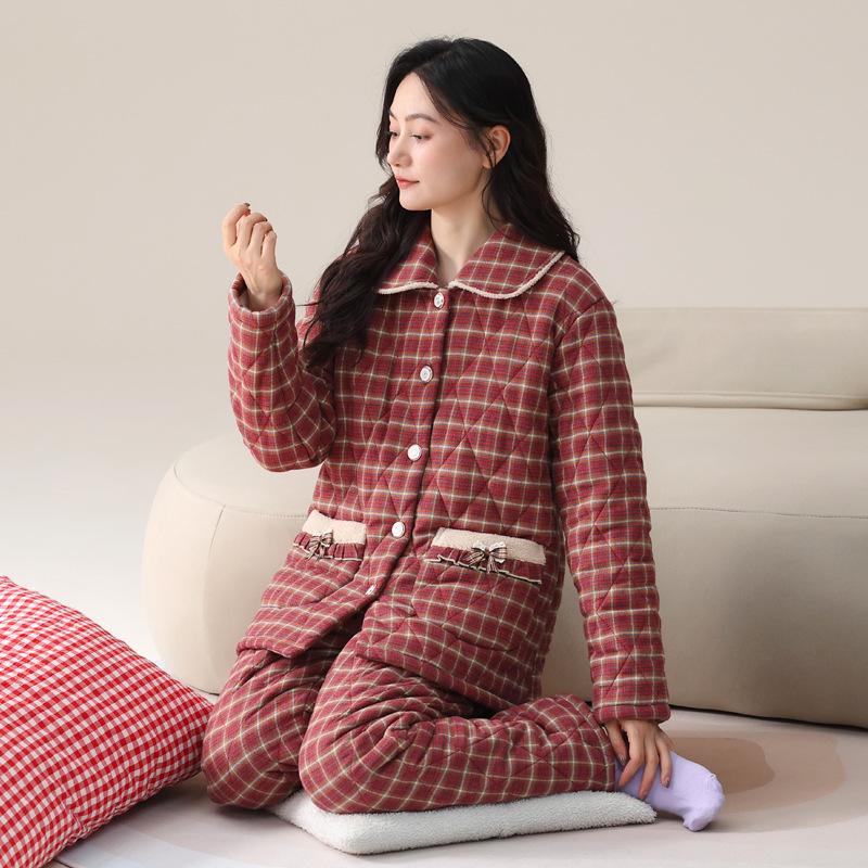 Pajamas Women'S Winter Three-Layer Thickened Fleece Woven Padded Cotton Women'S Autumn And Winter Coral Fleece Winter Padded Jacket Loungewear