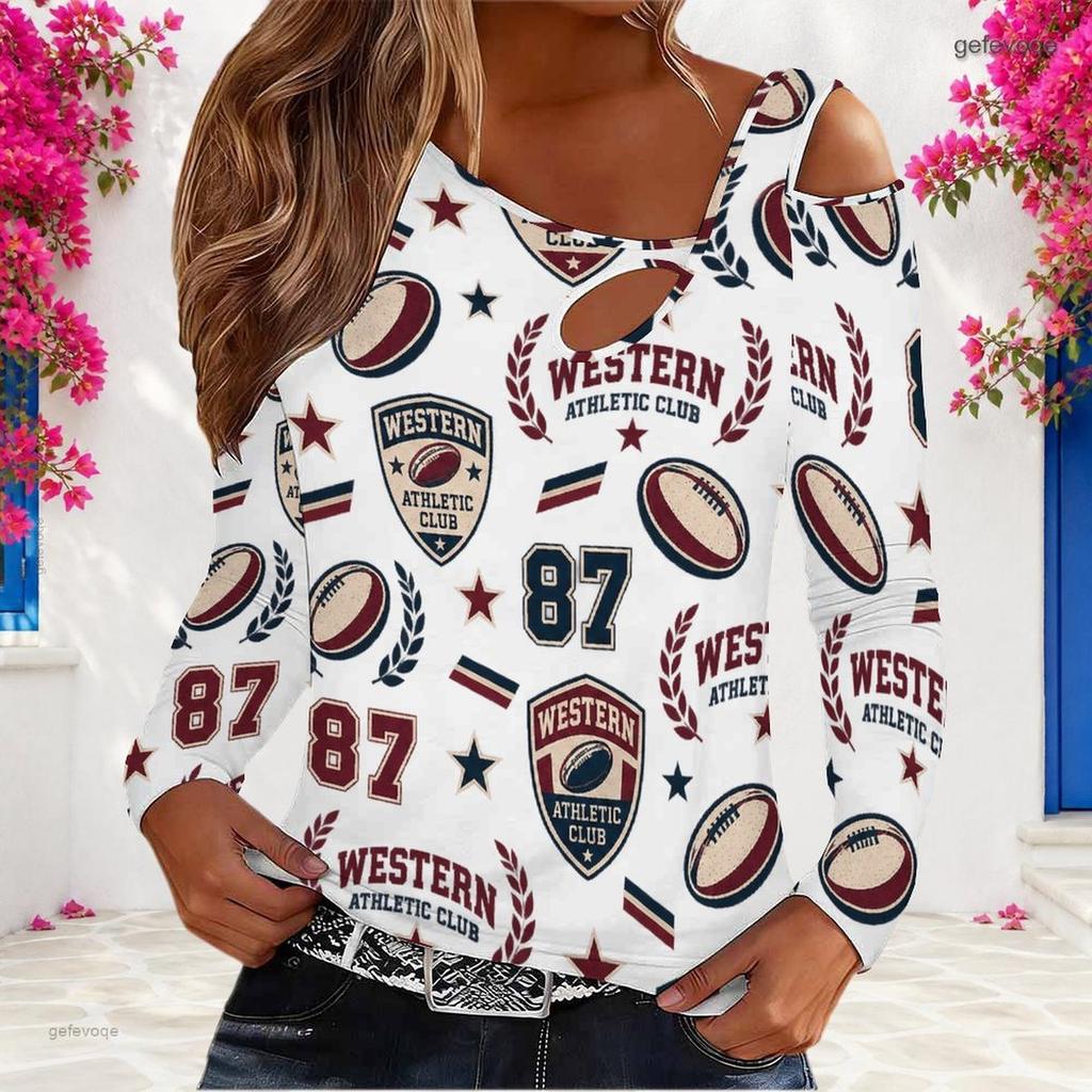 Women Plus Size White Asymmetric Cutout Neck Cold Shoulder Long Sleeve Sailboat Printed Top