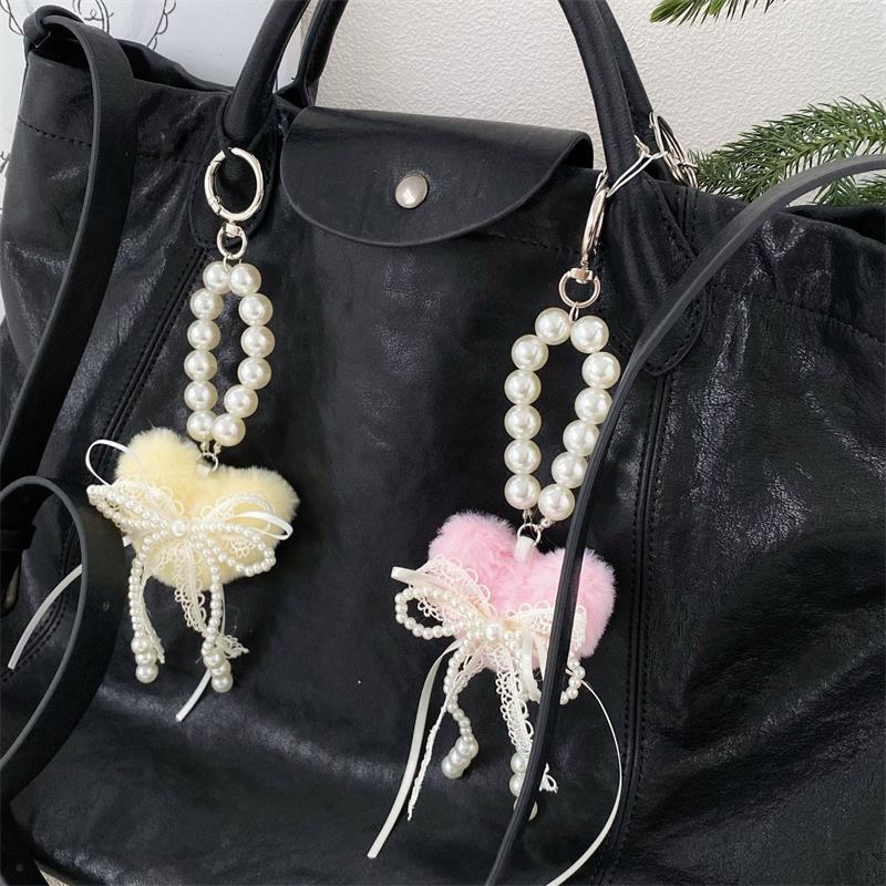 Cute Sweet Plush Heart Love Lace Bow Pearl Chain Keychain Pendants Backpack Charm Bag Hanging Ornaments Girly Phone Chain Gifts