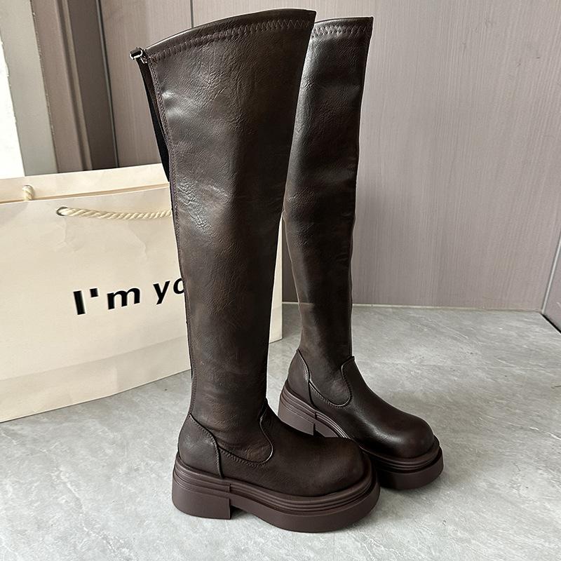 

Thick-soled knight boots women s autumn 2025 new round head British style thin boots rear zipper retro knight boots tide 35 коричневий