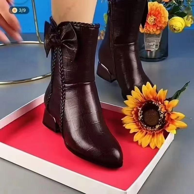 

Женские ботинки Осень и Зима Остроносые Полусапожки Боковая Молния Толстый Каблук Женские Ботинки Мартин с Бантом 40