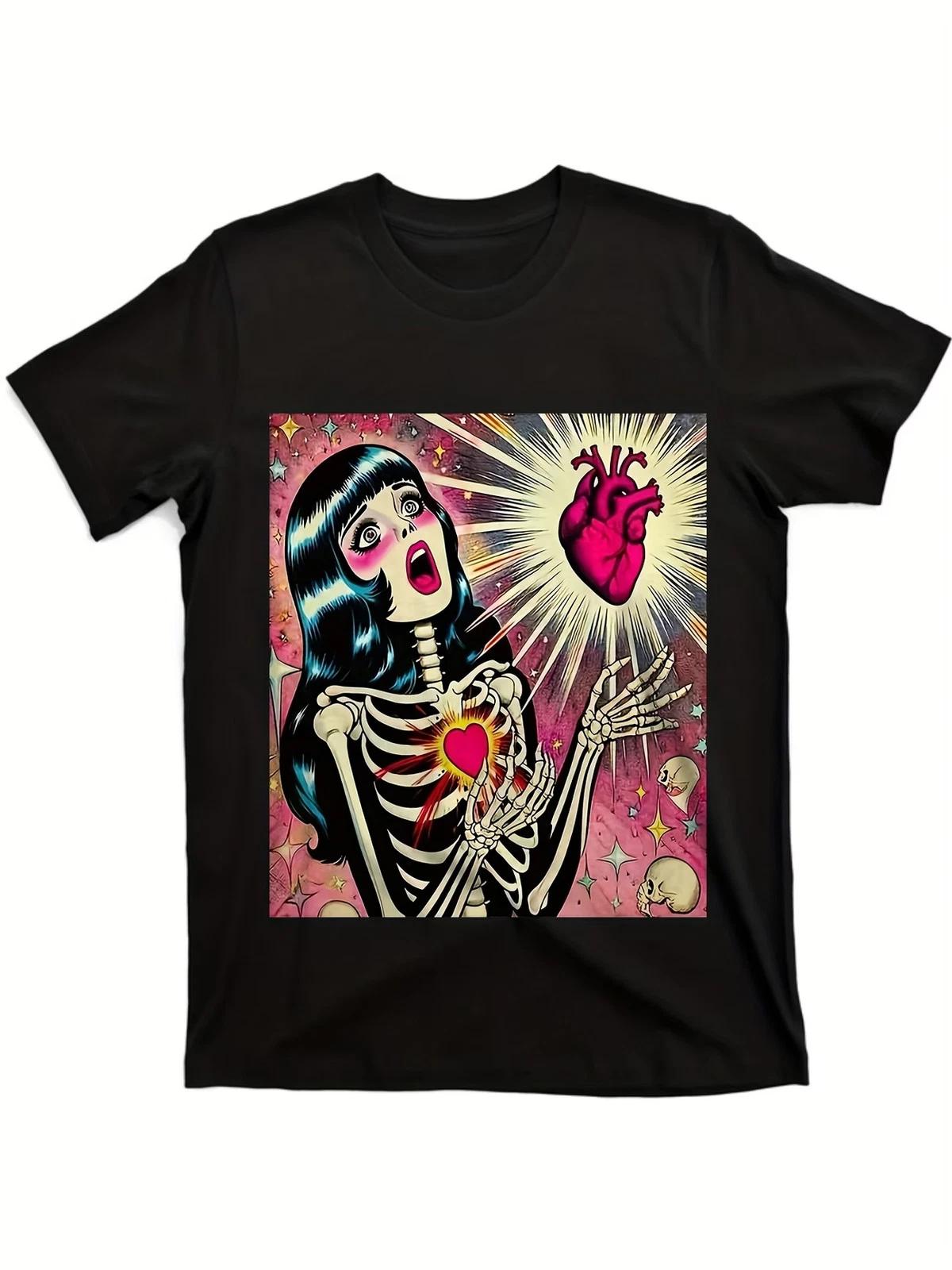 Men S Vintage Pop Art Skeleton T-Shirt with Heart & Stars Design - Black Cotton XS