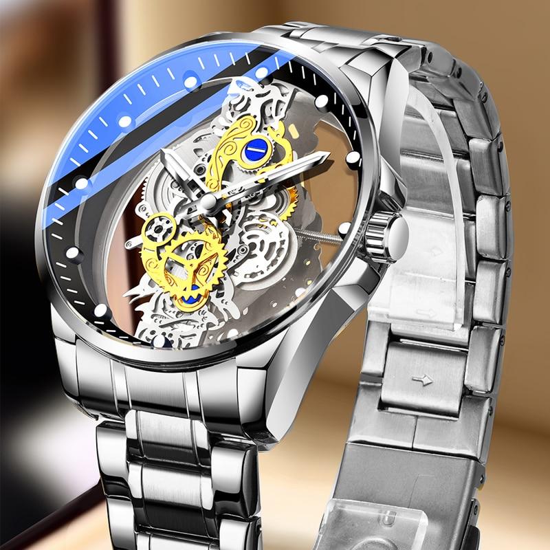 Luxury Brand Mens Watches Fashion Double-sided Hollow Dial Steel Quartz Wristwatch Waterproof Business Men's Clock
