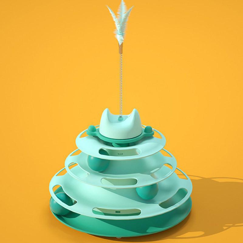 Four-Layer Cat Turntable Toy with Feather Teaser - Interactive Pet Entertainment.
