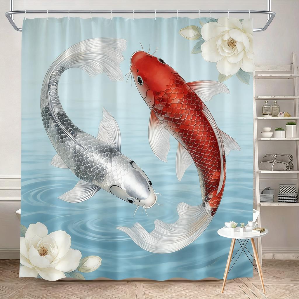 Luxury Golden Koi Fish with Cherry Blossoms Waterproof Shower Curtain for Feng Shui Bathroom Decor