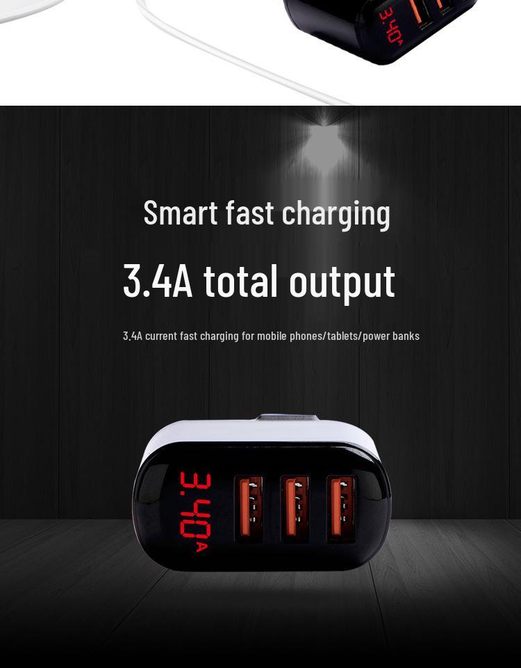 5V2A Fast Charger with Three Ports & Digital Display - Compatible with Apple, PDQC; UK & EU Plugs