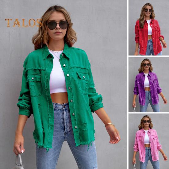 Women Denim Jacket Retro Single-breasted Ripped Hole Turn-down Collar Long Sleeves Solid Color Flap Pockets Lady Coat Commuting Shopping Coat