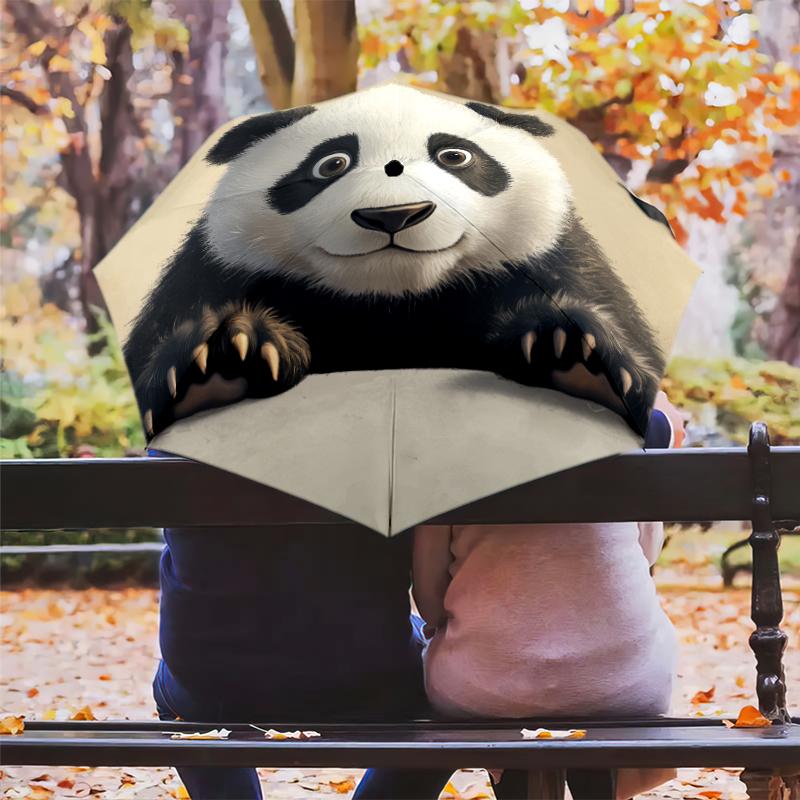 Panda Close-up pattern, automatic folding umbrella, portable and foldable design, 8 ribs, a Christmas or birthday gift.