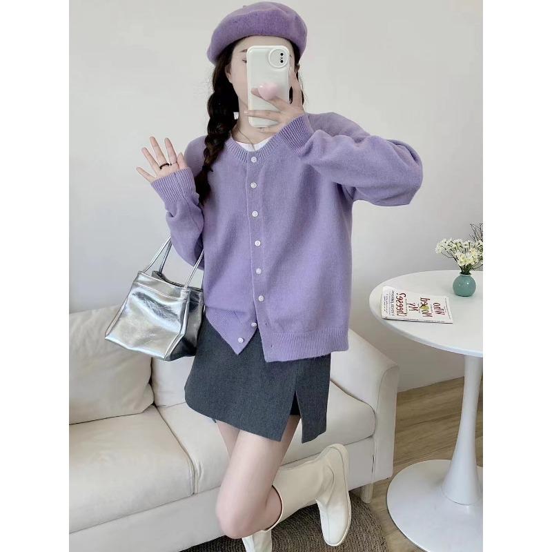 New candy color loose round neck long-sleeved knitted cardigan women's age-reducing small fresh single-breasted sweater jacket