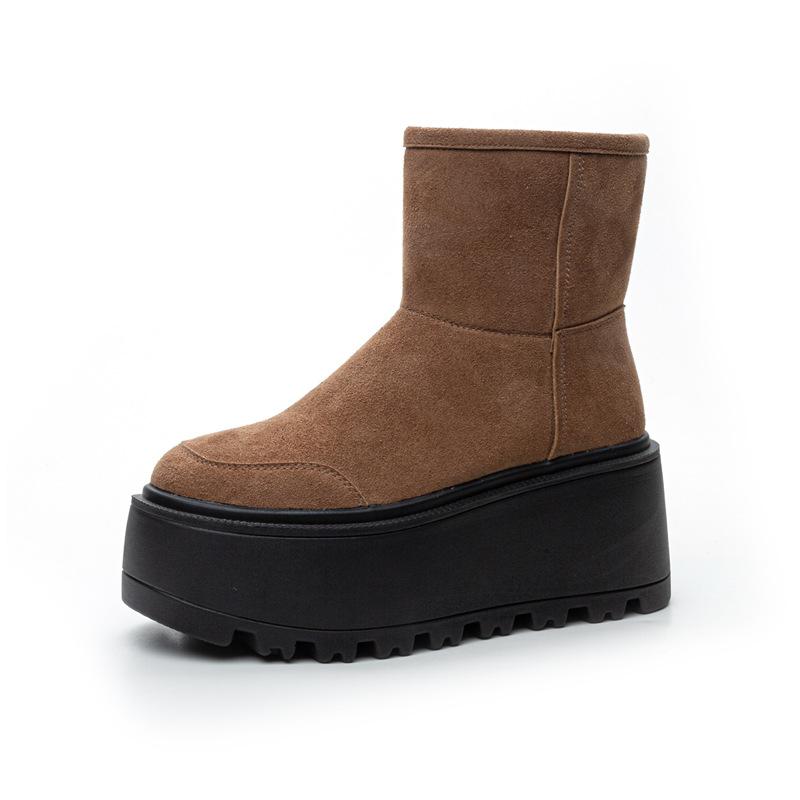 Móda 8cm Semišová Hovězí Pravá Kůže Jaro Zima Plyšové Boty Podzimní Kozačky Dámské Kotníkové Kozačky Mokasíny Módní Dámské Komínové