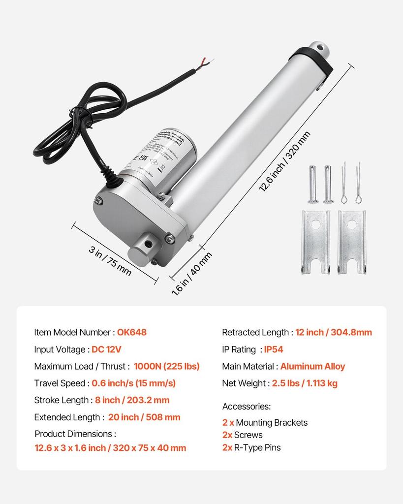 12V Linear Actuator, 203.2mm Stroke 15mm/s High-Speed 1000N Linear Motion Actuator - with IP54 Protection & Mounting Bracket for Lift Desk, Recliner