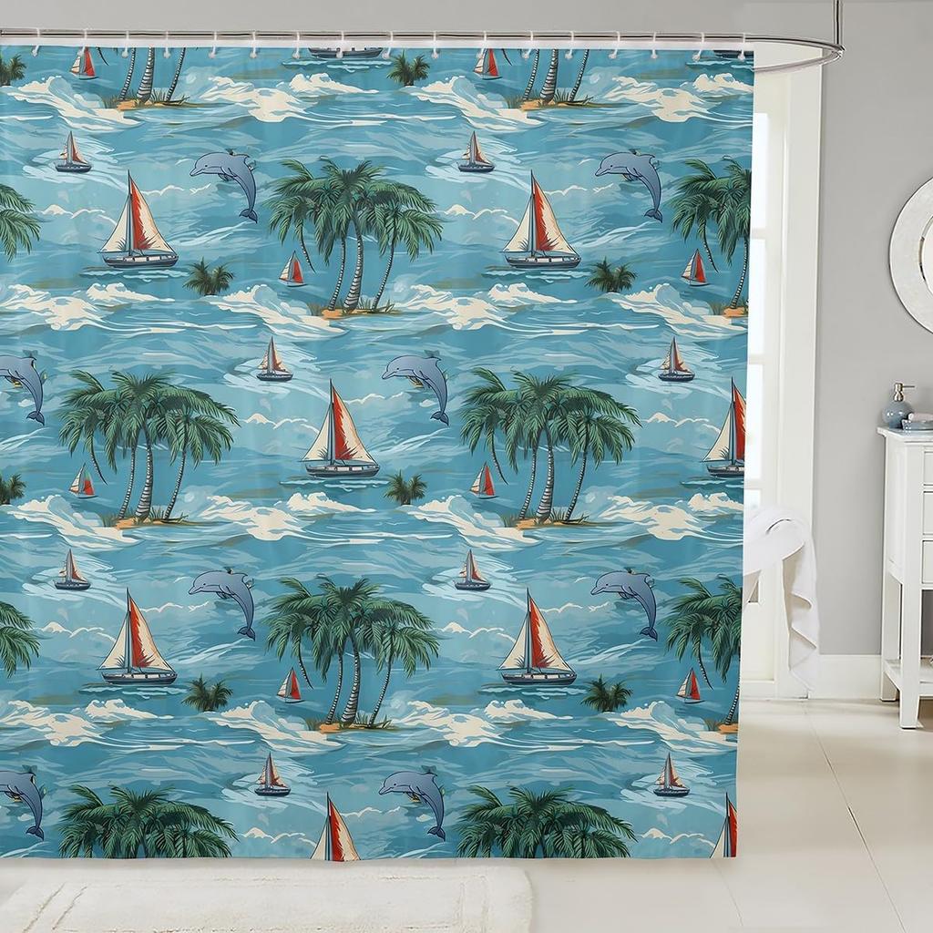 Lobster Shower Curtain Nautical Bathroom Shower Curtain Sets Retro Cartoon Ocean Stripes Marine Life Sea Wild Animals Fabric