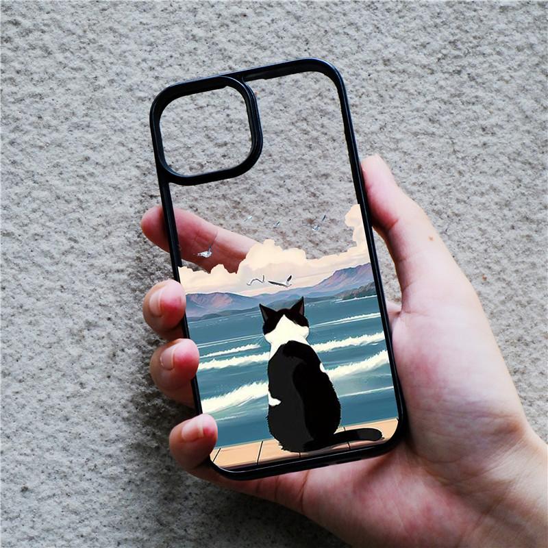 Luxury Scene Lovely Cat Case For IPhone 13 11 12 14 15 Pro Max 7 8 Plus XR XS Max Woman Cute Clear Back Cover Phone Accessories