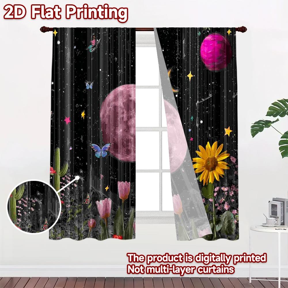 2D flat printing 2pcs Curtain Party Curtain Cosmic Moon and Butterflies Digital Printed Polyester Drapes Family Party Decoration