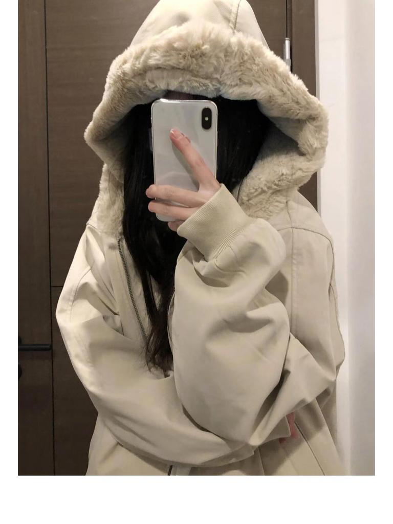 Unisex American-Style Hooded Leather & Cotton Jacket with Fur Collar - Thick, Warm, Winter Coat