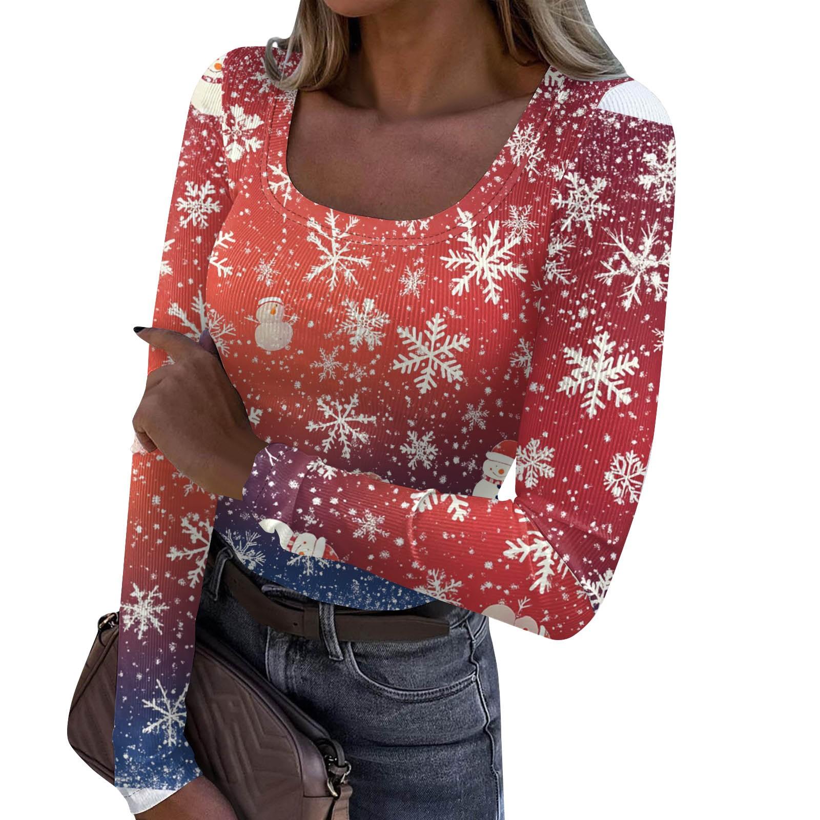 

Женская мода Slim Bottom Casual с длинным рукавом и рождественским принтом пуловер с U-образным вырезом XXL