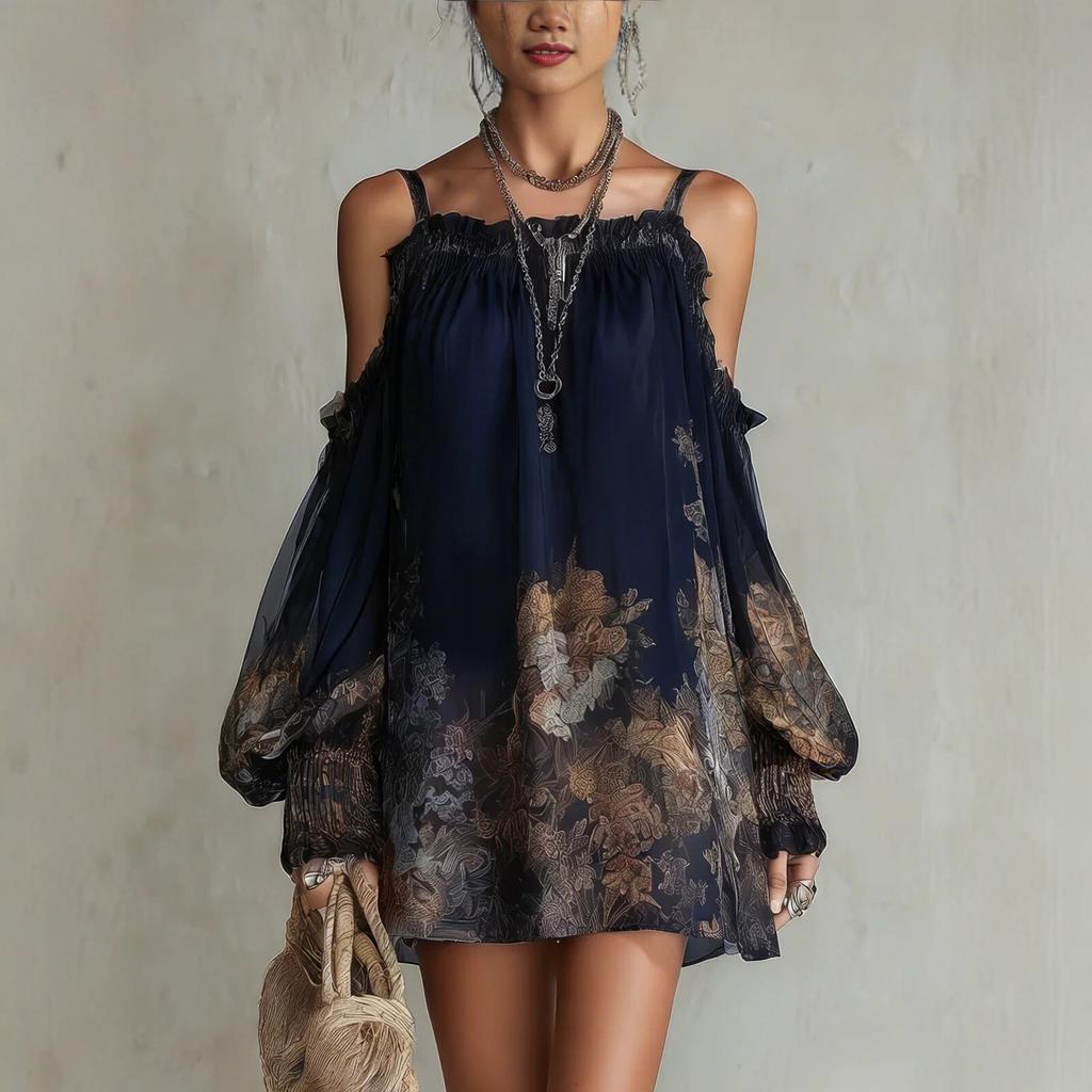 Mini Abito da Donna Scollato sulle Spalle a Manica Lunga con Stampa Floreale Vestibilità Ampia Vita Elastica Casual Abito in Chiffon