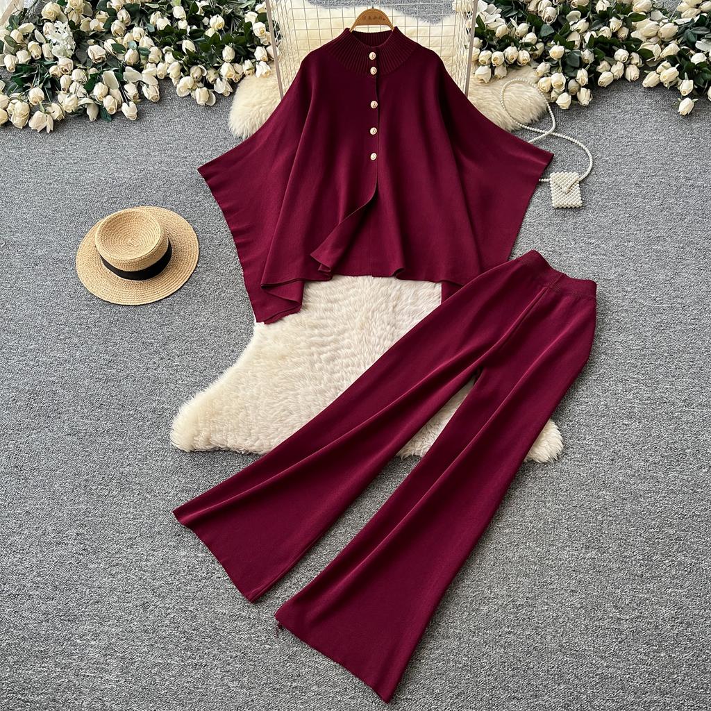 Casual Loose-Fit Batwing-Sleeve Knit Cardigan and Wide-Leg Pants Two-Piece Set for Women 2026 Fall Winter Cape Sweater  Elegant Lady Pants Outfit