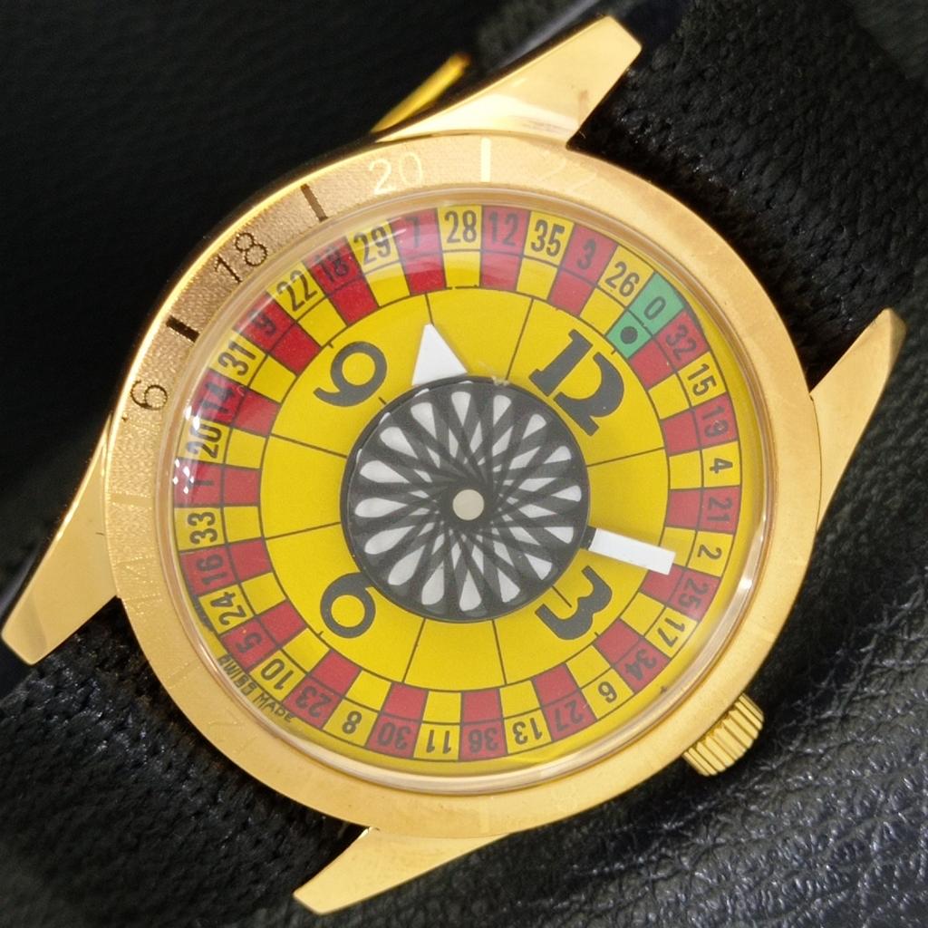 

VINTAGE HAND-WINDING SWISS MENS REFURBISHED ROULETTE YELLOW DIAL WATCH a701175-5 R205b-a701175