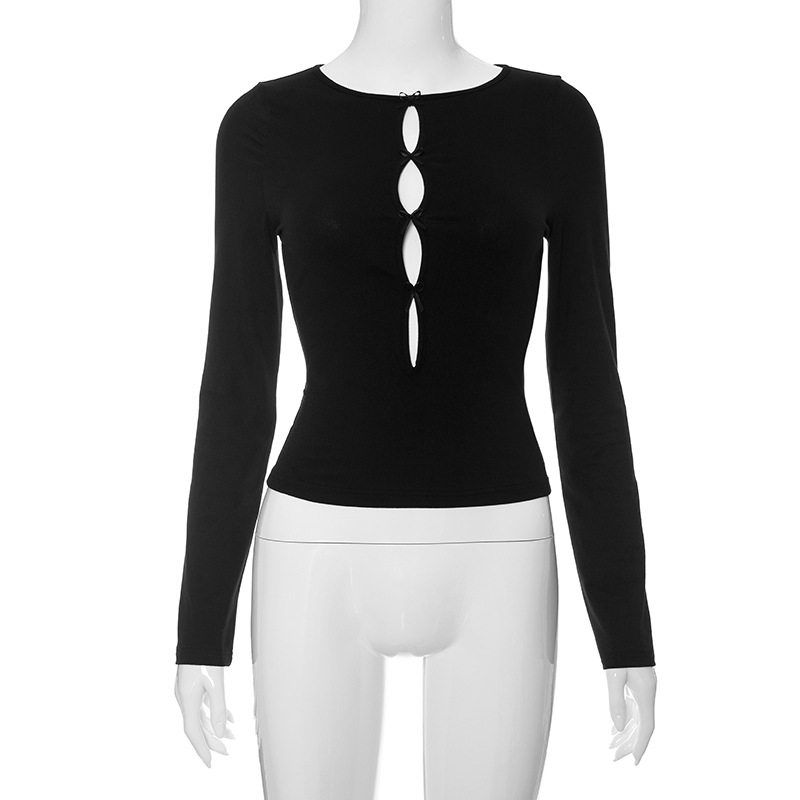 Solid Color Round Neck Hollowed Out Top T-Shirt Black S