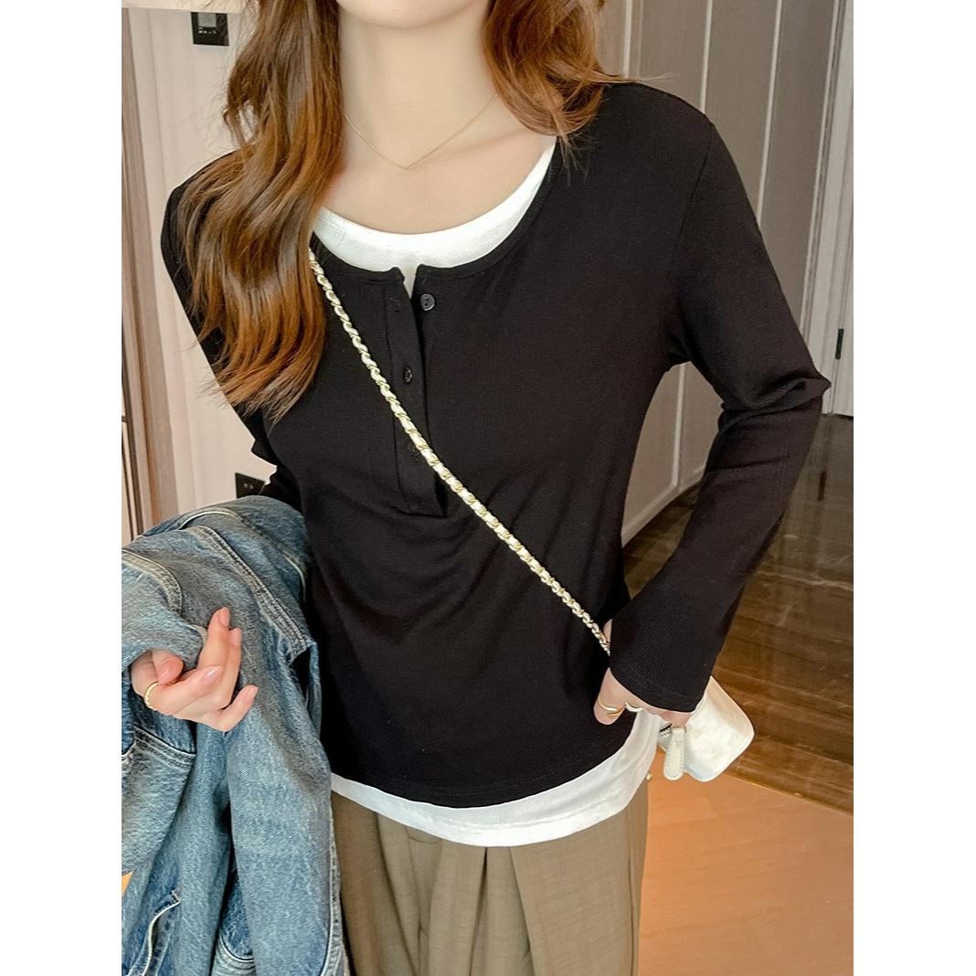 

Spring and Autumn High-end Tops, Women s Fake Two-piece Loose Long-sleeved Straight-shoulder T-shirts, Can Be Worn Outside The Bottoming Shirt XS чорний