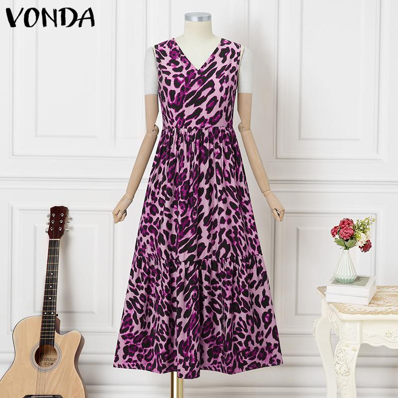 

VONDA Женское винтажное платье с V-образным вырезом, без рукавов, с леопардовым принтом, повседневное, длинное, плиссированное 4XL темно-розовый