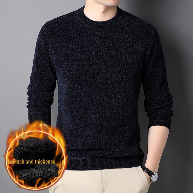 Chenille Men s Winter Round Neck Sweater - Solid Color, Velvet-Lined Knitwear L