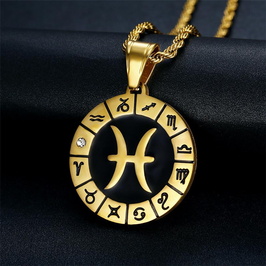 Punk Zodiac Sign Constellations Pendant Gold Color Stainless Steel Rope Chain Round Necklace For Women Men Jewelry Gift