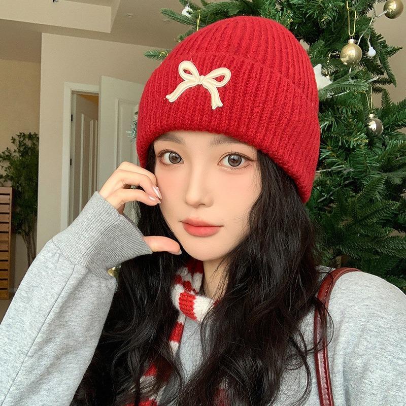 Red Bow Knitted Hat Women's Versatile Face Small Wool Hat Outdoor Cold-proof and Warm Bag Head Cold Hat