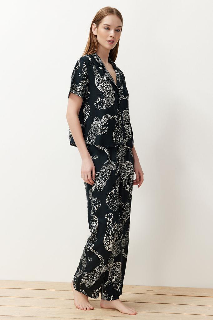 Women's Fashion Anthracite Animal Patterned Viscose Woven Pajama Set