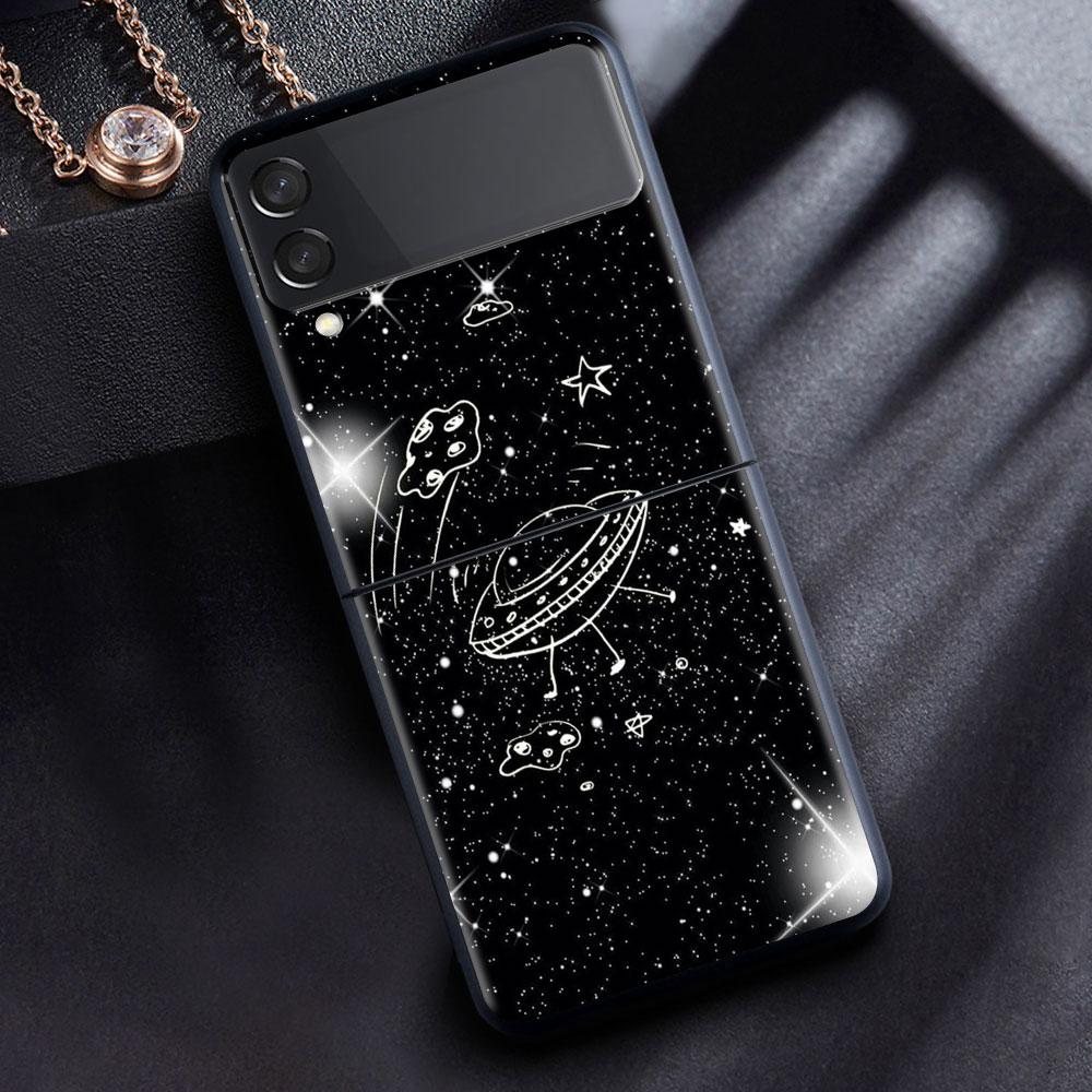 Case For Samsung Galaxy Z Flip 3 4 5G Black Hard PC Phone Housing Z Flip4 Luxury Segmented Cover Cosmic Planet