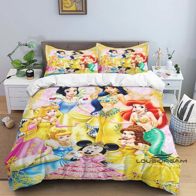 1pcDisney Princess 3D Printed Duvet Cover and Pillowcase Bedding Set, Suitable for Single, Double, King, and Queen Beds.