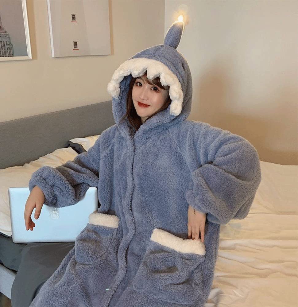 Tzrcyc Shark Romper Overalls, Thick and Cute Winter Pajamas, Long Sleeves, Warm Sleepwear, Fluffy, Perfect for Spring, Autumn, and Winter (Blue)