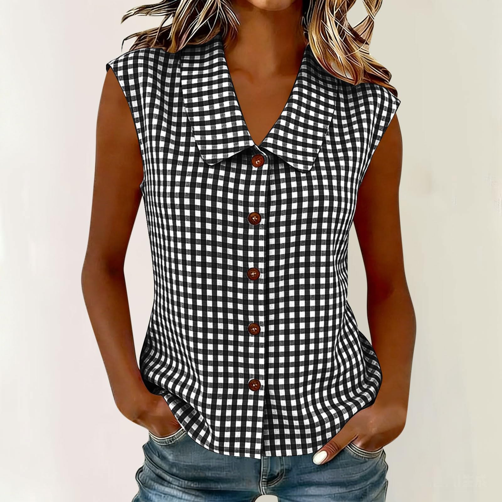 

Women s Sleeveless Casual Shirt Button Down Front Plaid Checkered Blouse with Collar Relaxed Fit Summer Top XL чёрный