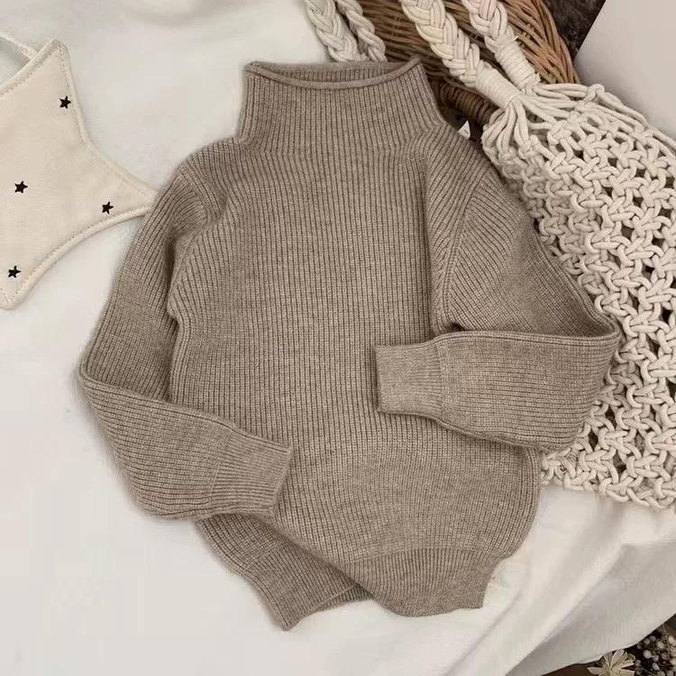 Ready Stock: Korean Kids' Half-High Collar Solid Color Knitted Pullover for Boys & Girls - Spring/Autumn