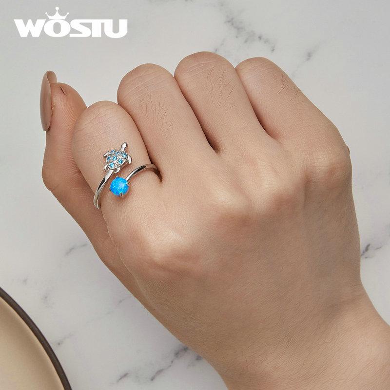 WOSTU Real 925 Sterling Silver Blue Turtle Fire Opal Opening Ring For Women Ocean Animal Stackable Ring Party Jewelry Gift