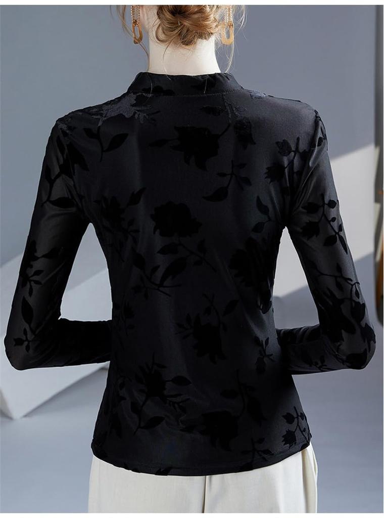 YANGRONG Lace Qipao Cheongsam Long Floral Chinese High Neck Women's Top, Shirt, Blouse, Innerwear, Pullover, Sexy, Sleeve, Elegant, See-Through Print,