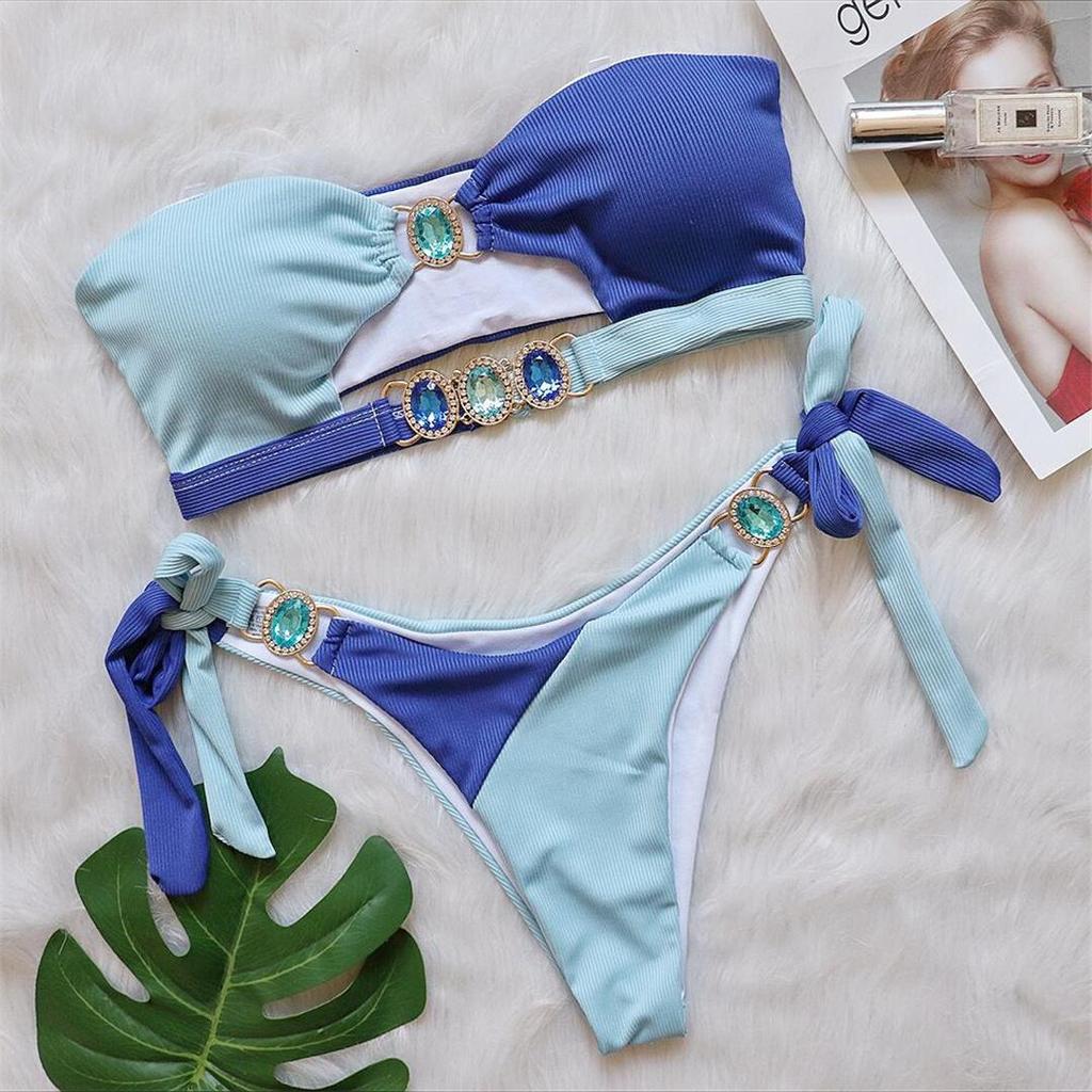 Diament Rhinestone łączenie Bandeau Bikini damski strój kąpielowy kobiety stroje kąpielowe dwuczęściowy zestaw Bikini kąpiel strój kąpielowy pływać